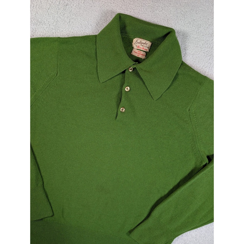 Alan Paine Vintage Pure Cashmere Polo Sweater Green Mens 42 Made in England